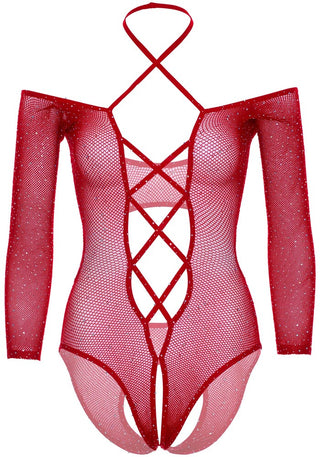 Body Sexy Crotchless Teddy with Halter Rosso